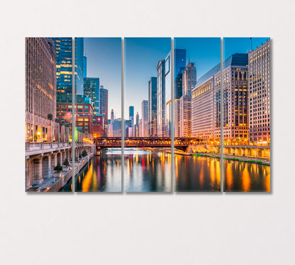 Chicago Cityscape on River at Twilight USA Canvas Print-Canvas Print-CetArt-5 Panels-36x24 inches-CetArt