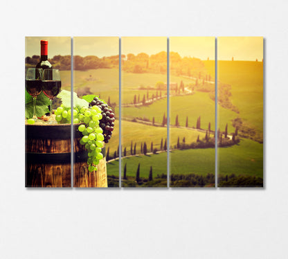 Red Wine with Barrel on Vineyard in Tuscany Italy Canvas Print-Canvas Print-CetArt-5 Panels-36x24 inches-CetArt