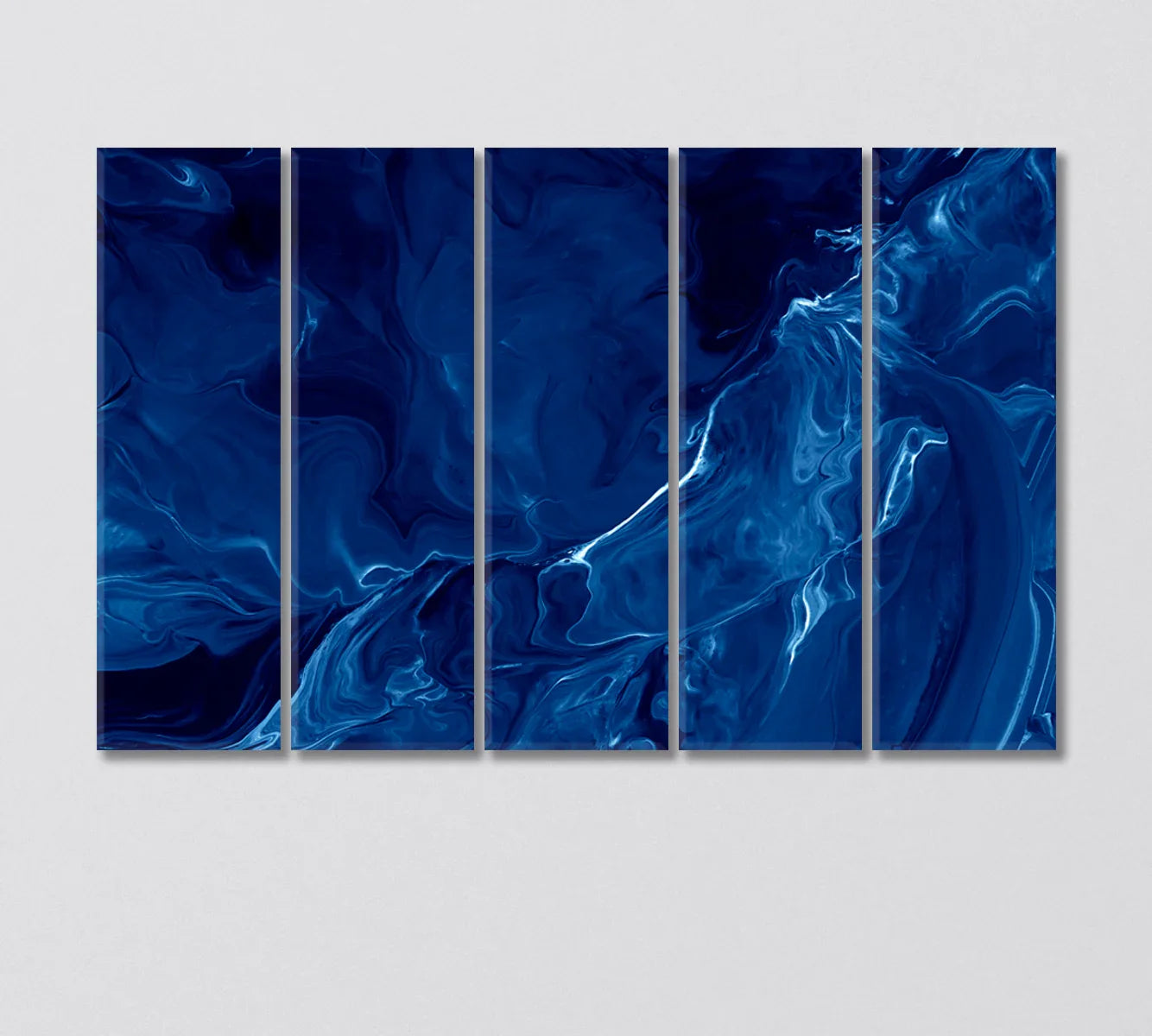 Abstract Ocean canvas displayed as a 5-panel set in a bright, neutral lounge