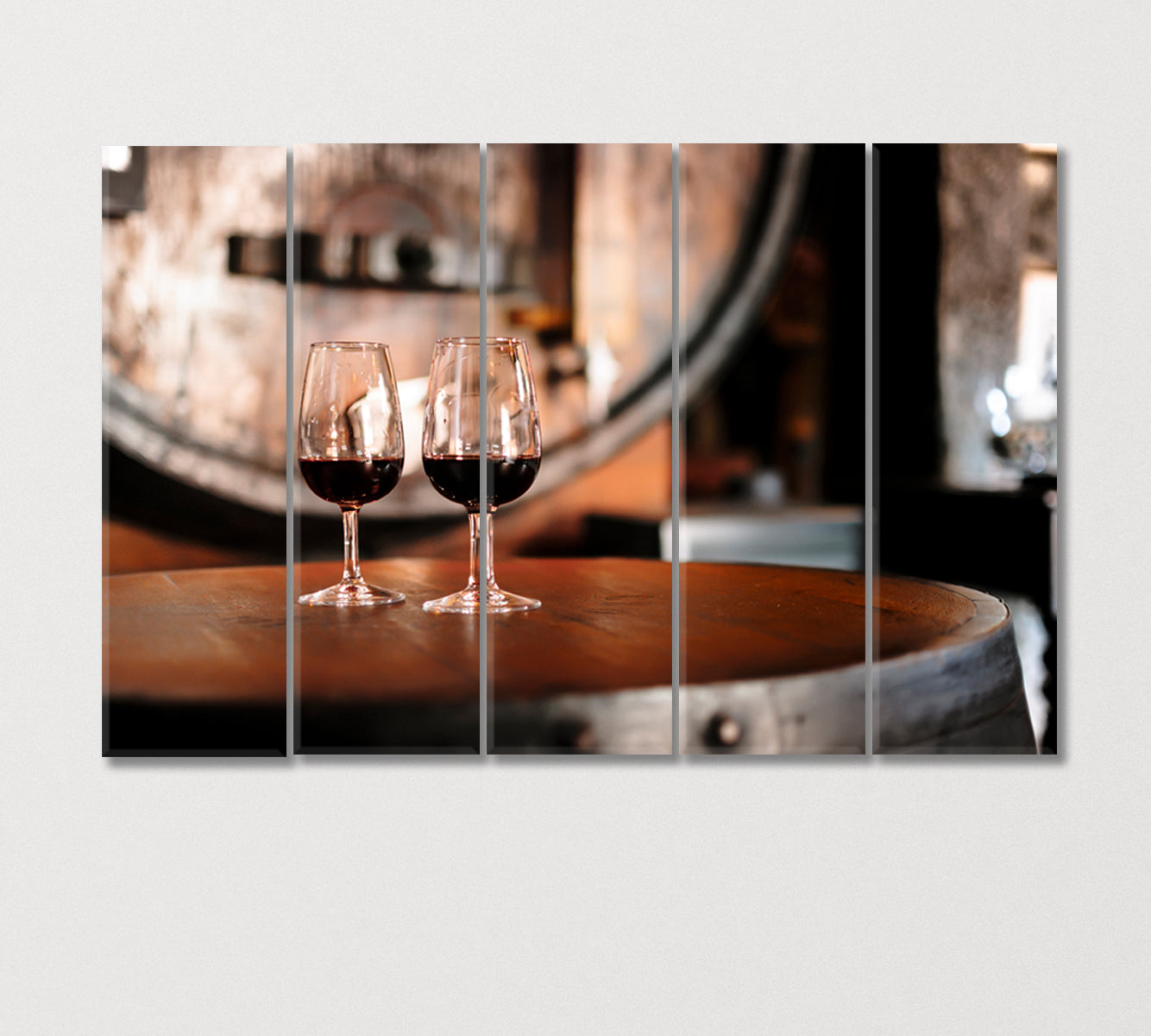 Two Glasses of Red Wine on Wooden Barrel Canvas Print-Canvas Print-CetArt-5 Panels-36x24 inches-CetArt