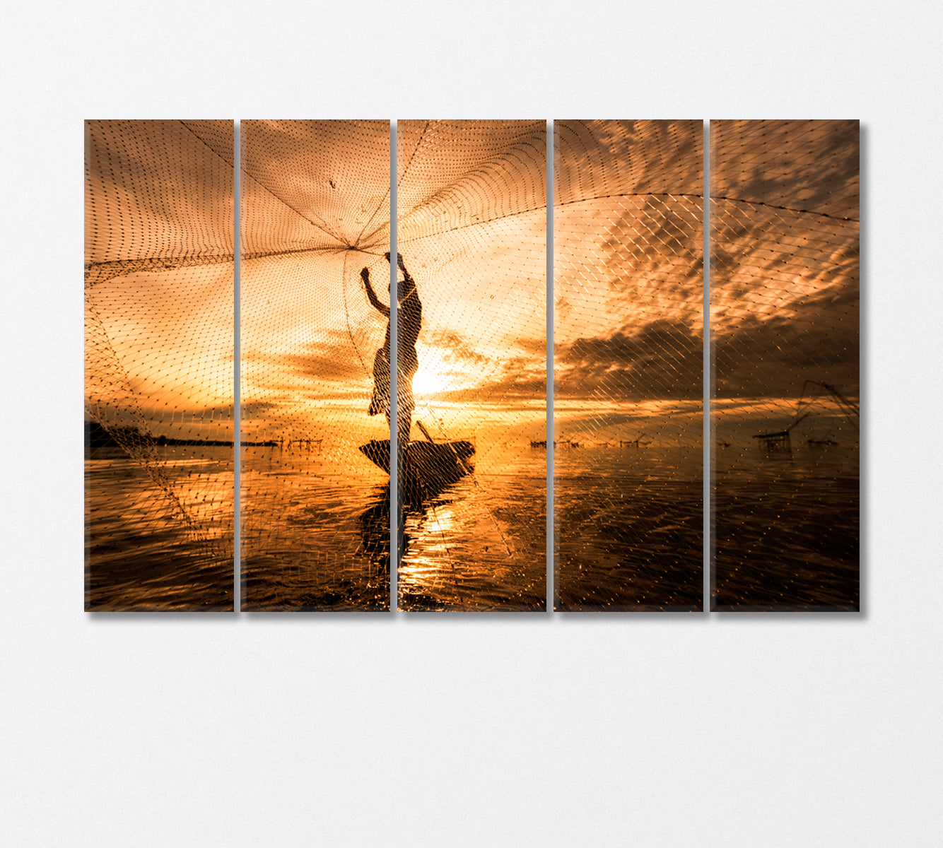 Fisherman Silhouette on Boat with Fishing Net Canvas Print-Canvas Print-CetArt-5 Panels-36x24 inches-CetArt