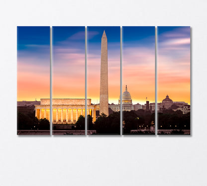 Sunrise over Lincoln Memorial Washington Monument and Capitol Canvas Print-Canvas Print-CetArt-5 Panels-36x24 inches-CetArt