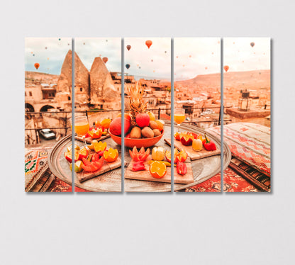 Turkish Breakfast with Cappadocia View and Flying Balloons Canvas Print-Canvas Print-CetArt-5 Panels-36x24 inches-CetArt