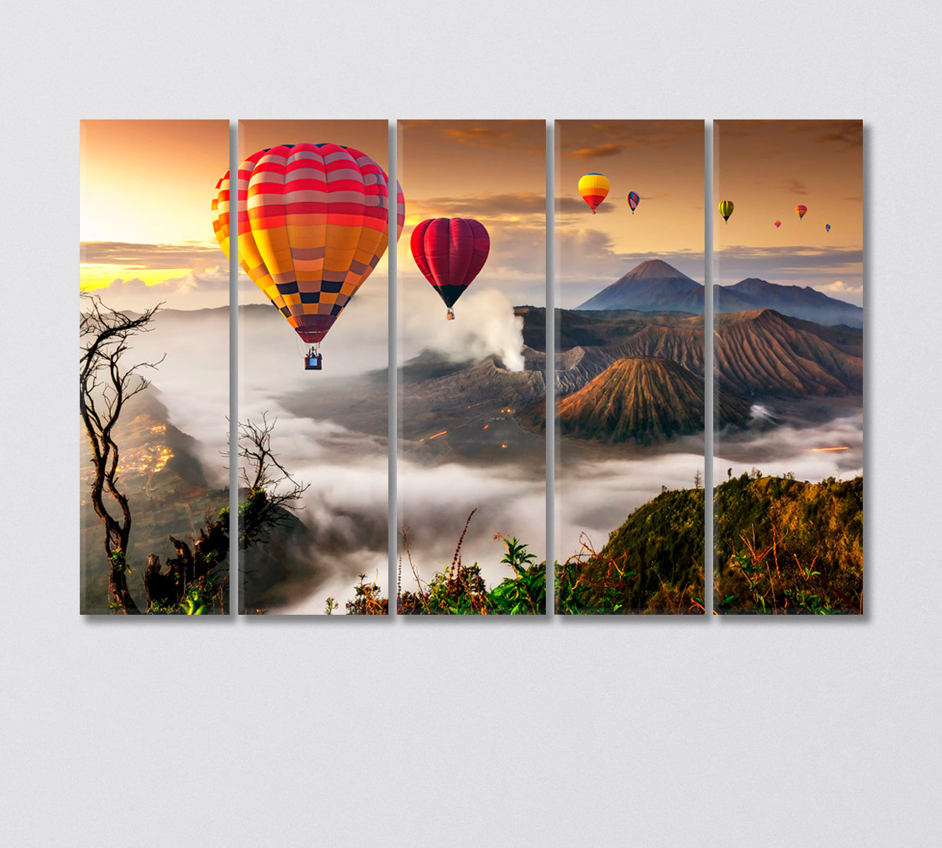 Colorful Hot Air Balloons over Bromo Volcano Indonesia Canvas Print-Canvas Print-CetArt-5 Panels-36x24 inches-CetArt