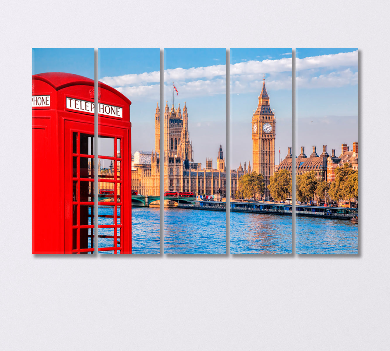 London Symbols Big Ben and Red Phone Booth UK Canvas Print-Canvas Print-CetArt-5 Panels-36x24 inches-CetArt