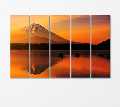Silhouette of Three Fishermen on Boats on Shoji lake Japan Canvas Print-Canvas Print-CetArt-5 Panels-36x24 inches-CetArt
