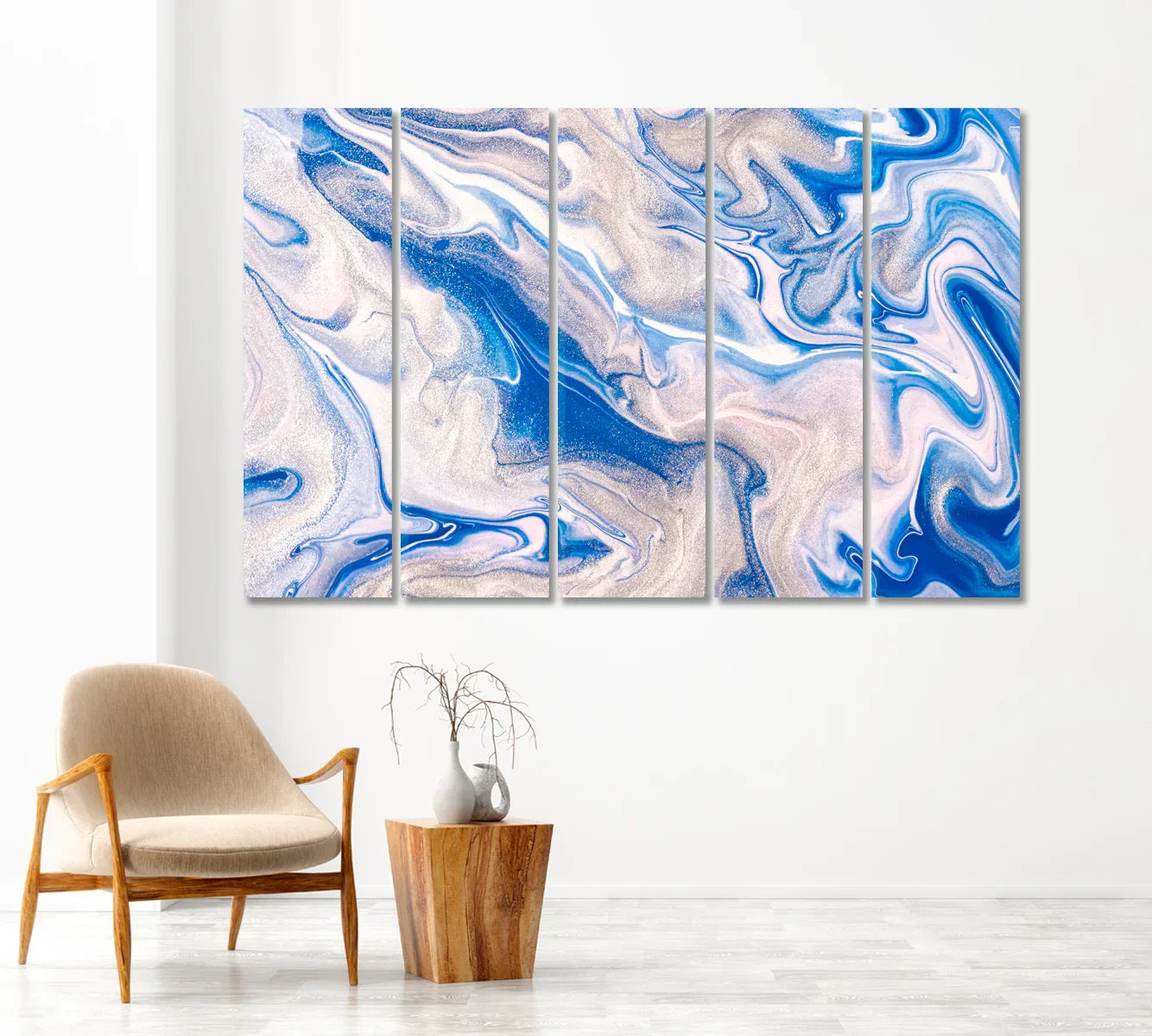 Five-panel layout: Abstract Liquid Blue Marble stretched across a bright white wall