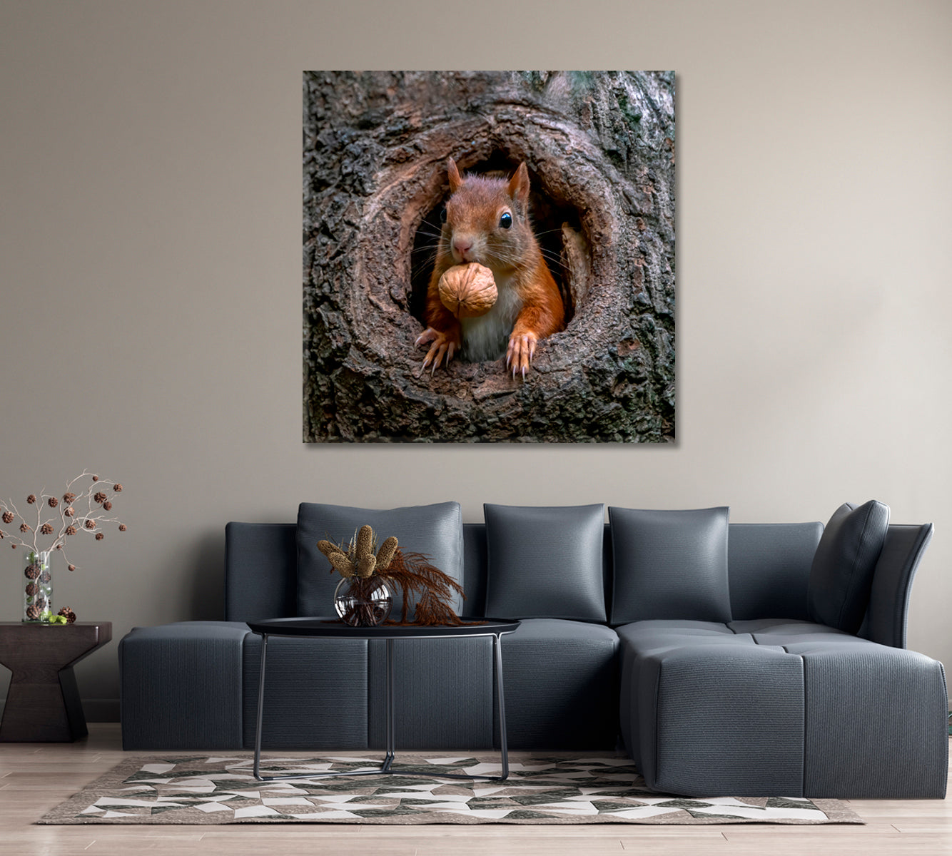 Red Squirrel in Tree Hollow With Walnut Canvas Print-Canvas Print-CetArt-1 panel-12x12 inches-CetArt