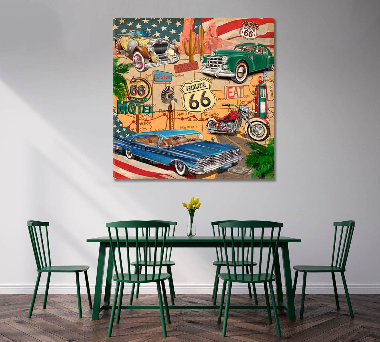 Vintage Route 66 with Retro Cars Canvas Print-Canvas Print-CetArt-1 panel-12x12 inches-CetArt