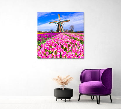 Windmills and Tulips Holland Canvas Print-Canvas Print-CetArt-1 panel-12x12 inches-CetArt