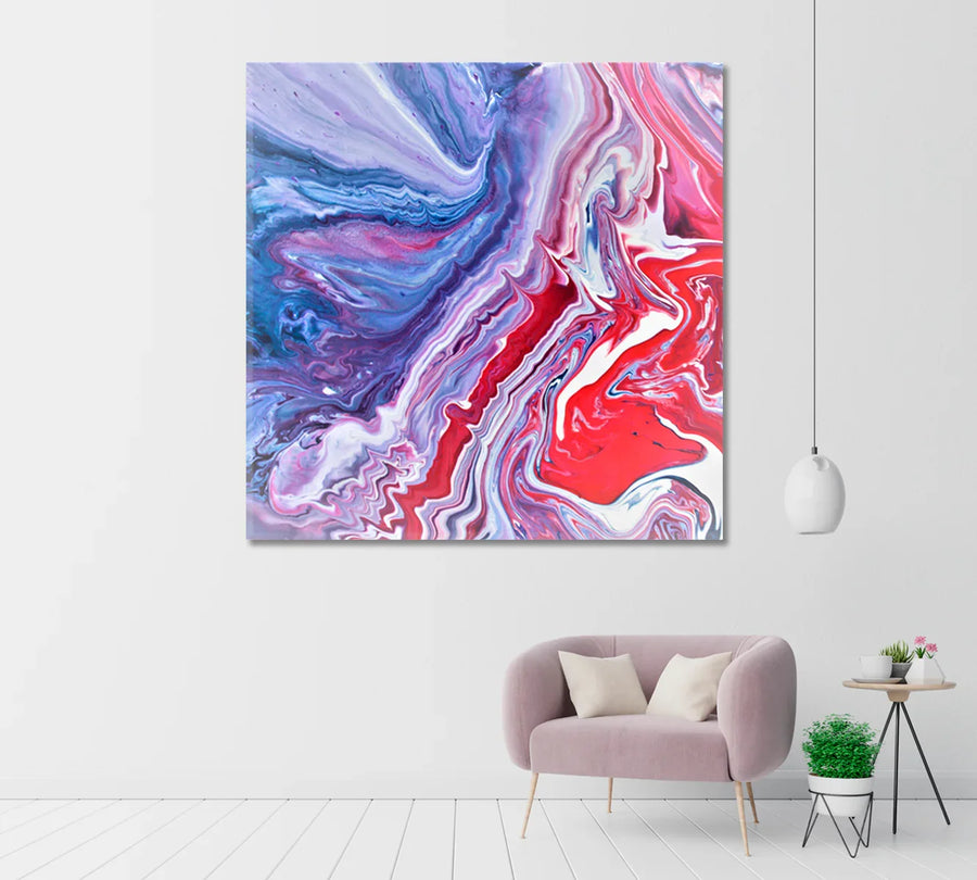 Modern Blue and Red Swirls square canvas styled in a white room