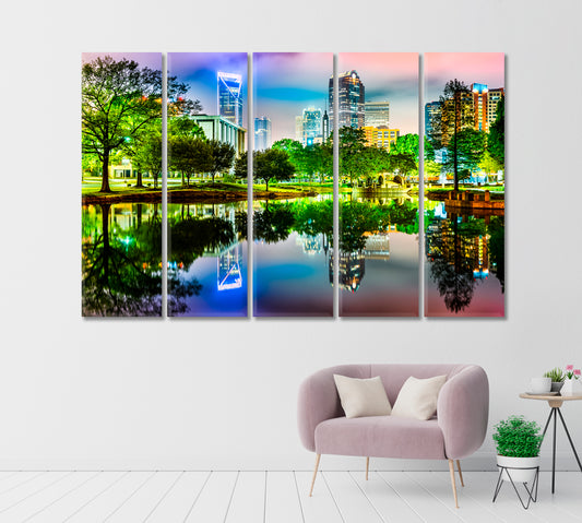 Reflection of Charlotte Lights in Marshall Park Pond Canvas Print-Canvas Print-CetArt-1 Panel-24x16 inches-CetArt