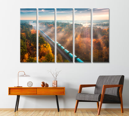 Freight Train in Beautiful Autumn Foggy Forest Canvas Print-Canvas Print-CetArt-1 Panel-24x16 inches-CetArt