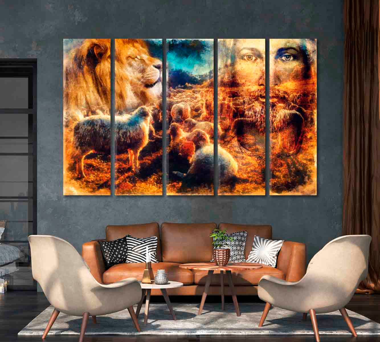 Jesus with Lambs and Lion Canvas Print-Canvas Print-CetArt-1 Panel-24x16 inches-CetArt