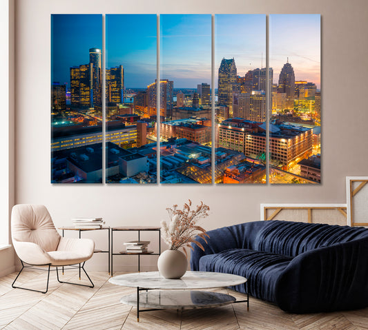 Downtown Detroit at Night USA Canvas Print-Canvas Print-CetArt-1 Panel-24x16 inches-CetArt