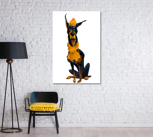 Cartoon Doberman Pinscher with Yellow Scarf Canvas Print-Canvas Print-CetArt-1 panel-16x24 inches-CetArt