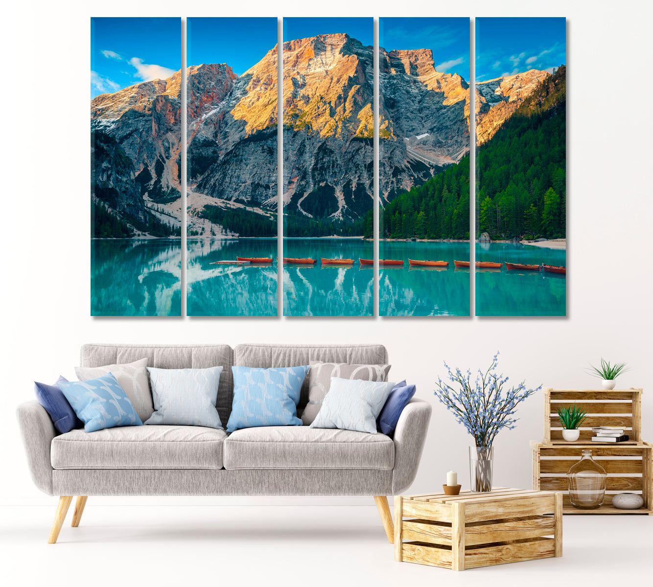 Alpine Landscape with Wooden Boats on Lake Braies Canvas Print-Canvas Print-CetArt-1 Panel-24x16 inches-CetArt