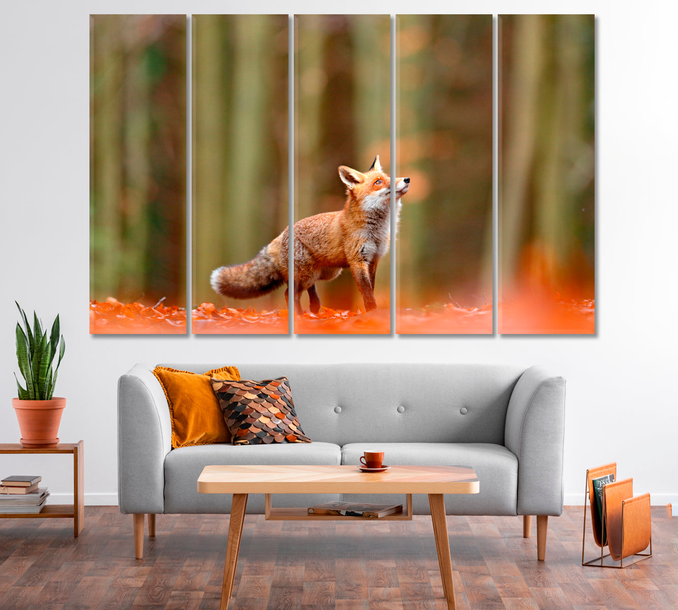 Red Fox Running in Orange Autumn Leaves Canvas Print-Canvas Print-CetArt-1 Panel-24x16 inches-CetArt