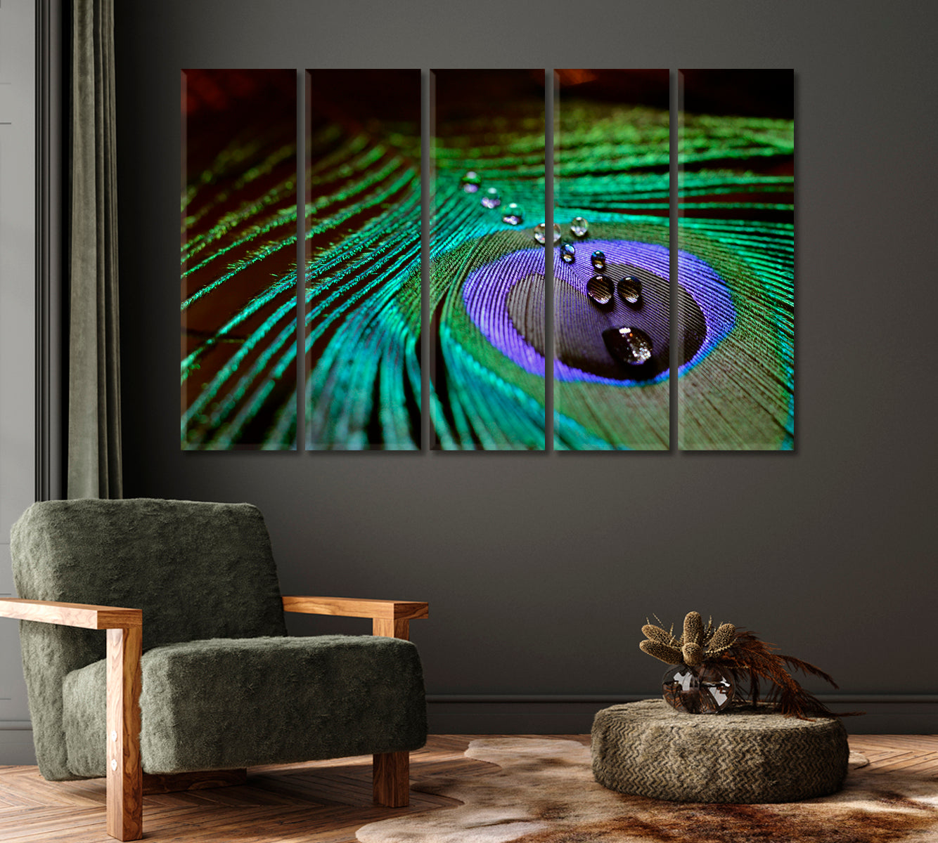 Peacock Feather with Drops of Water Canvas Print-Canvas Print-CetArt-1 Panel-24x16 inches-CetArt