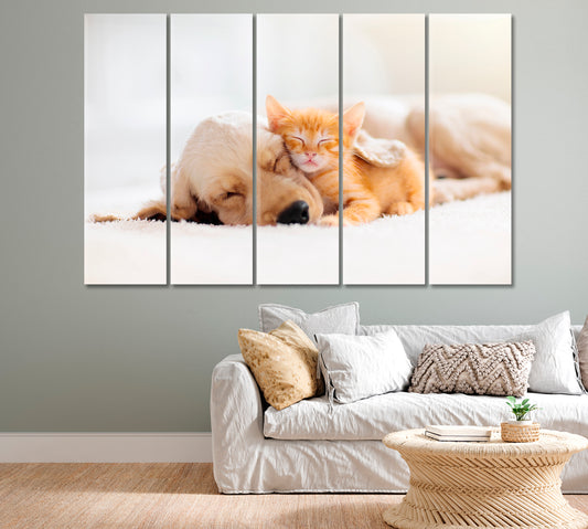 Cat and Puppy Sleeping Together Canvas Print-Canvas Print-CetArt-1 Panel-24x16 inches-CetArt