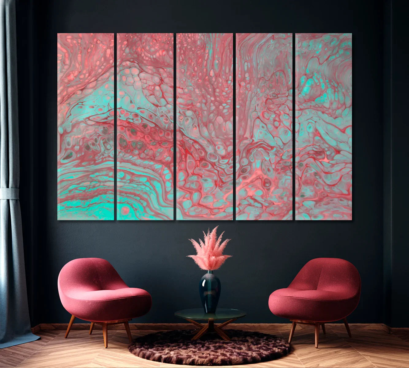 Five-panel version of the Abstract Pink & Blue Acrylic Bubbles canvas on a dark feature wall.
