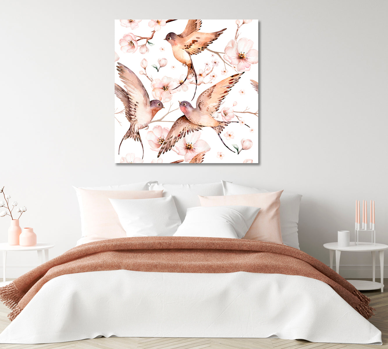 Watercolor Spring Flying Swallows Canvas Print-Canvas Print-CetArt-1 panel-12x12 inches-CetArt