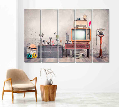 Retro TV and Old Microphones Vintage Style Canvas Print-Canvas Print-CetArt-1 Panel-24x16 inches-CetArt