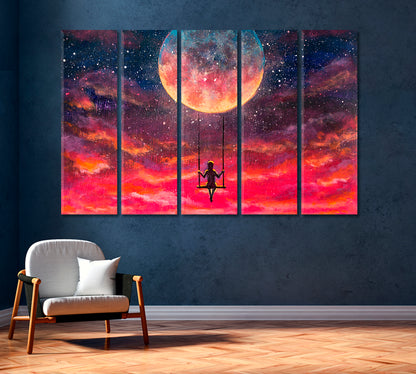 Girl Rides on Swing on the Moon Fantasy Art Canvas Print-Canvas Print-CetArt-1 Panel-24x16 inches-CetArt