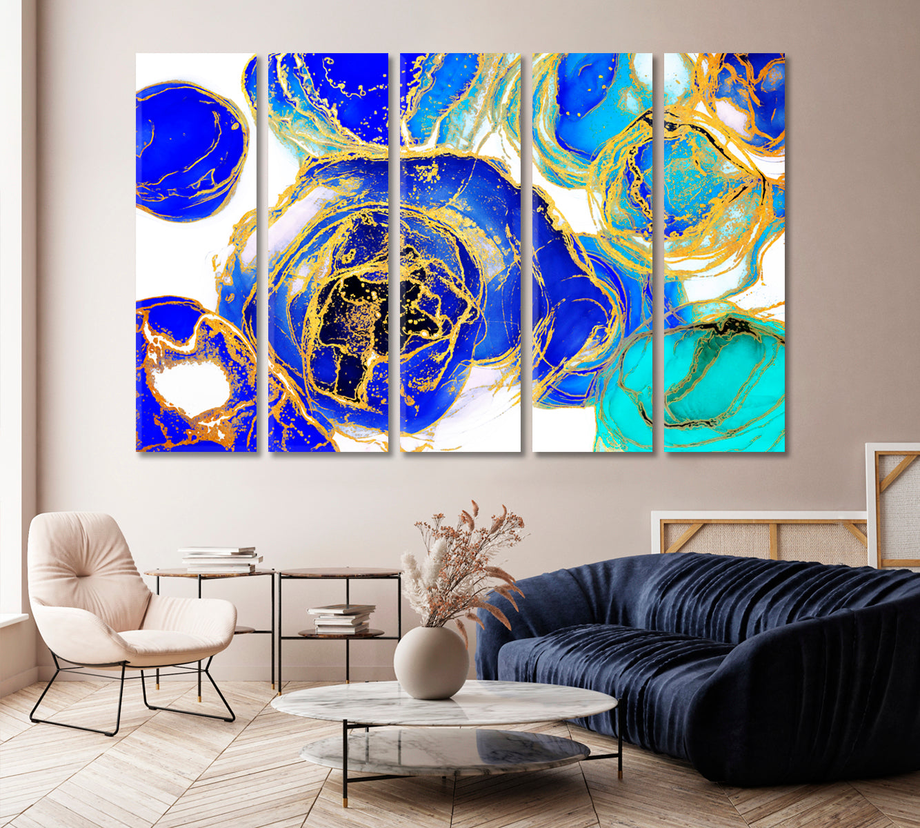 Abstract Alcohol Ink Blue and Gold Swirls Modern Art Canvas Print-Canvas Print-CetArt-1 Panel-24x16 inches-CetArt