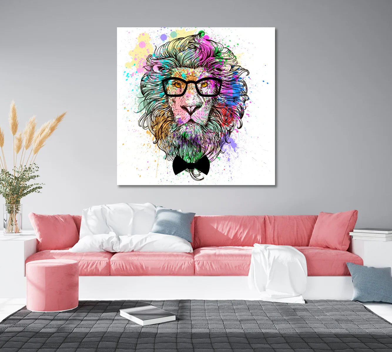 Lion canvas above soft pink sectional—example of 36x36 scale over sofa