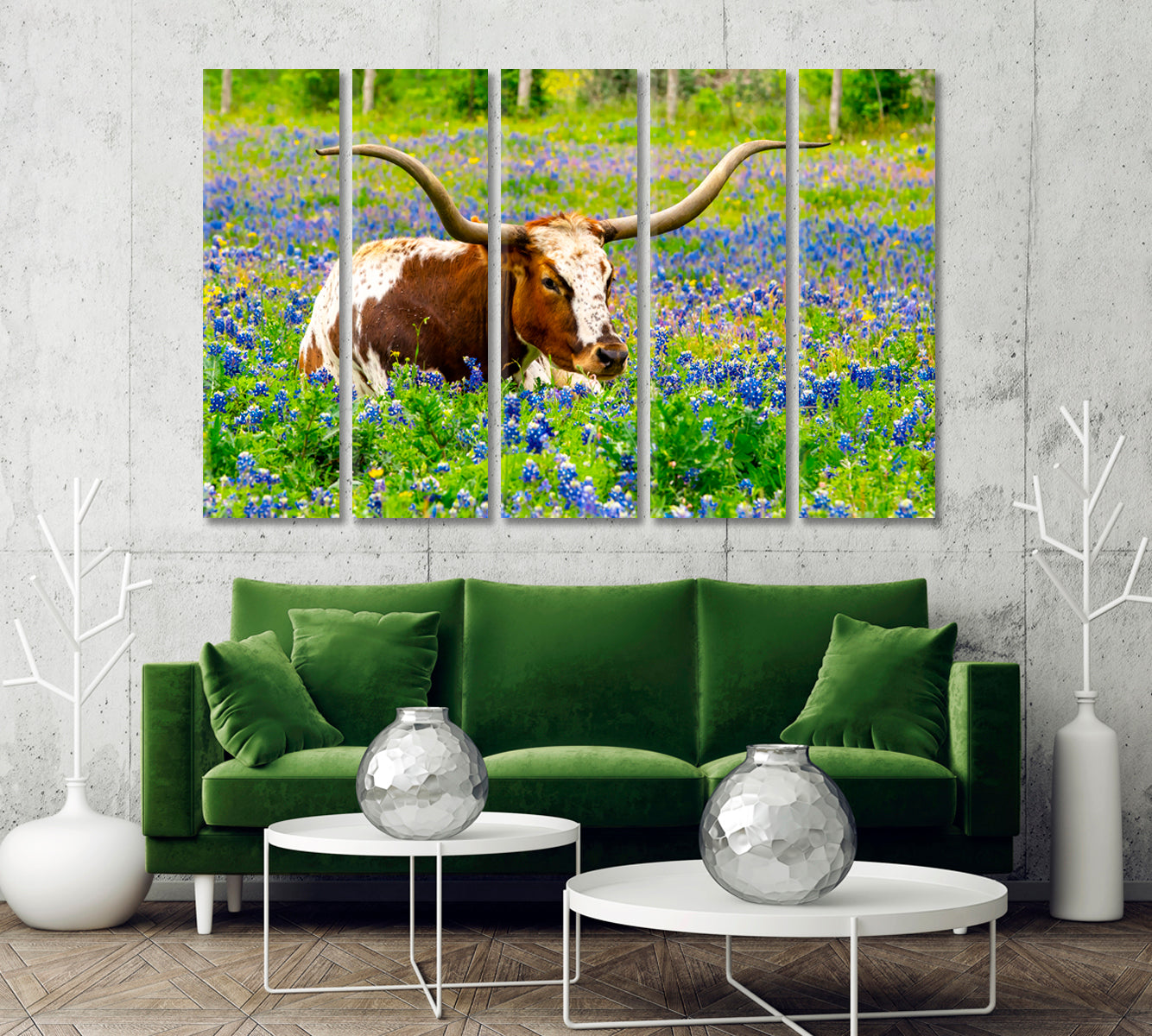 Texas Longhorn Cow in Bluebonnet Field Canvas Print-Canvas Print-CetArt-5 Panels-36x24 inches-CetArt