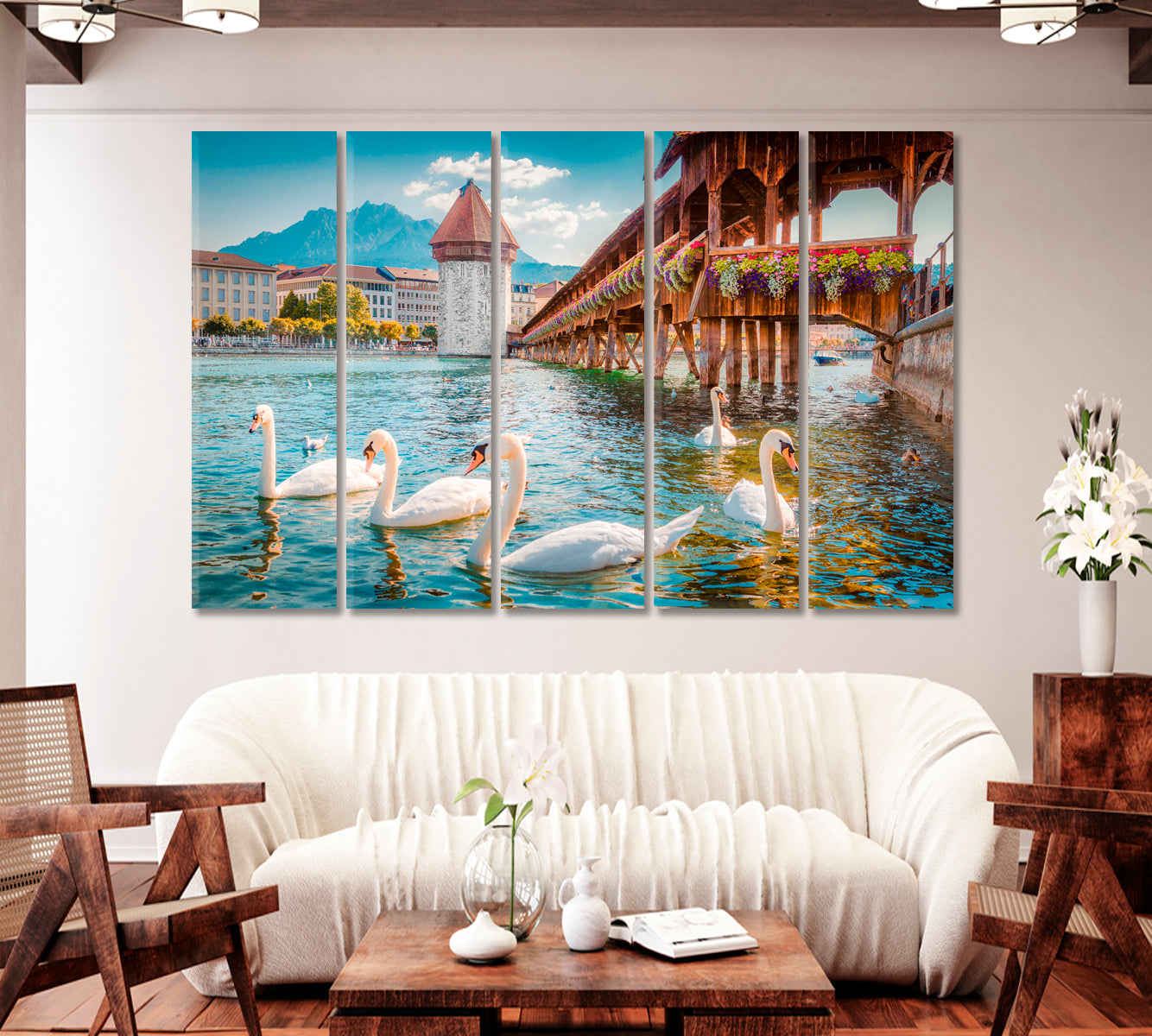 White Swans in River Royce Lucerne Switzerland Canvas Print-Canvas Print-CetArt-1 Panel-24x16 inches-CetArt