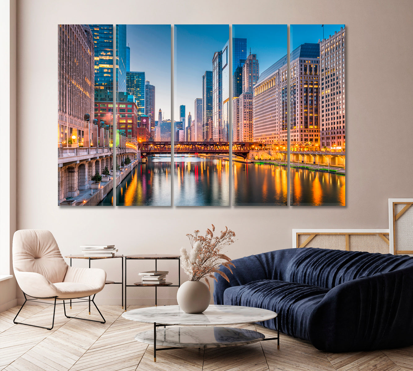 Chicago Cityscape on River at Twilight USA Canvas Print-Canvas Print-CetArt-1 Panel-24x16 inches-CetArt