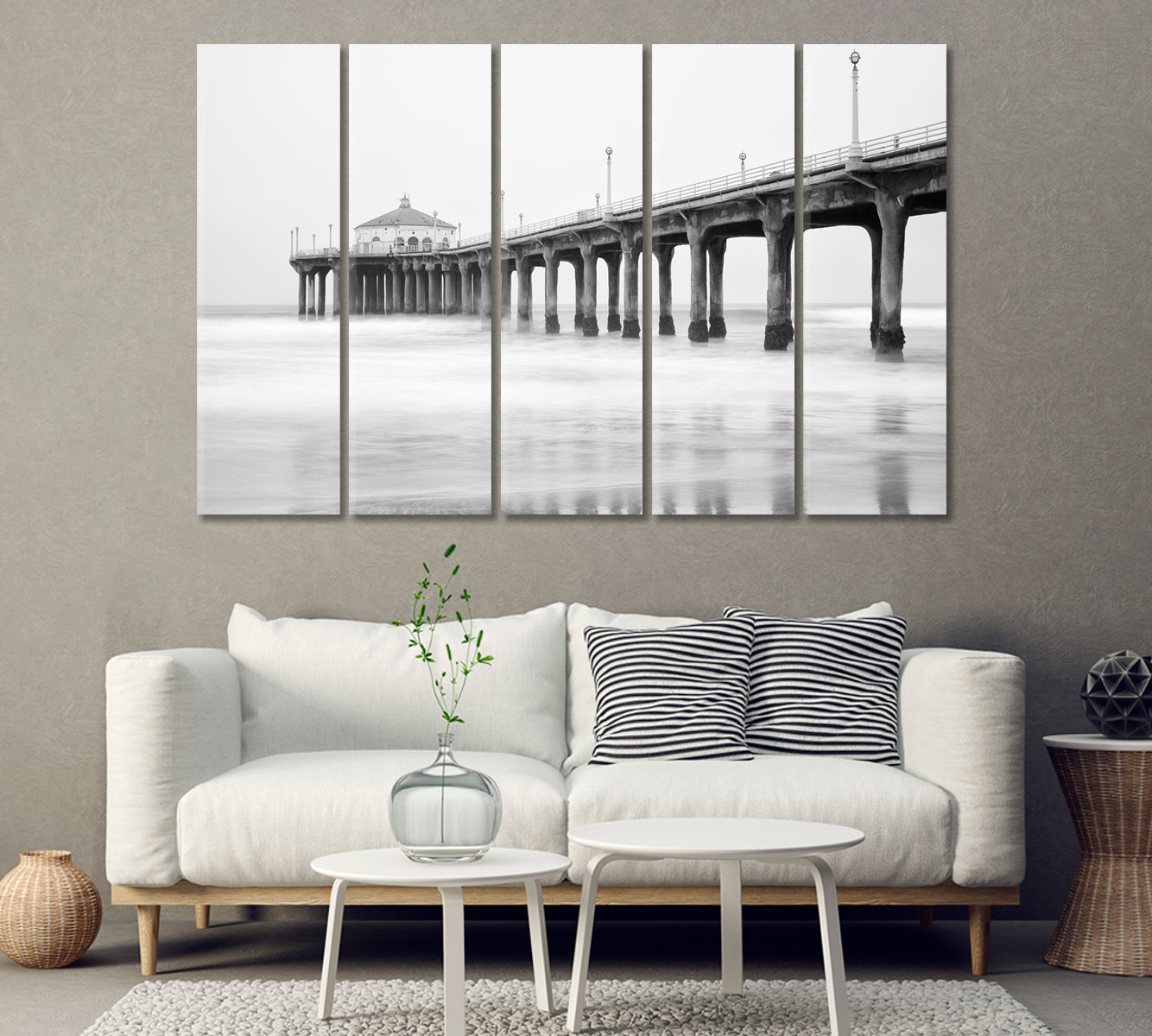 Black and White Manhattan Beach Pier California Canvas Print-Canvas Print-CetArt-1 Panel-24x16 inches-CetArt