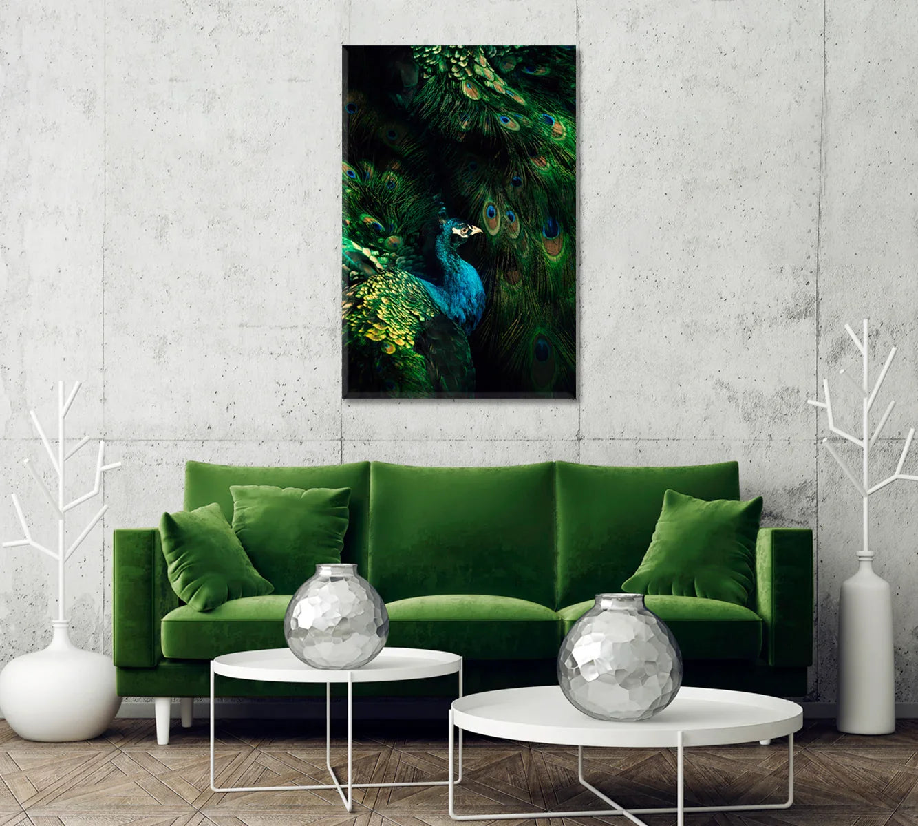 Emerald and teal abstract canvas styled above a sofa