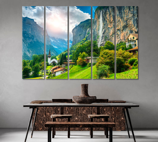 Alpine Village with Church and Staubbach Waterfall Switzerland Canvas Print-Canvas Print-CetArt-1 Panel-24x16 inches-CetArt