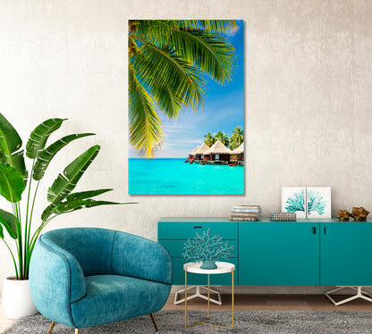 Coconut Tree over Ocean with Bungalows Canvas Print-Canvas Print-CetArt-1 panel-16x24 inches-CetArt