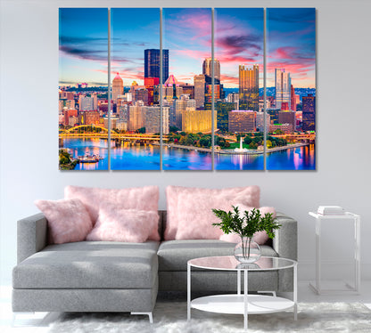 Colorful Skyscrapers of Pittsburgh at Dusk USA Canvas Print-Canvas Print-CetArt-1 Panel-24x16 inches-CetArt