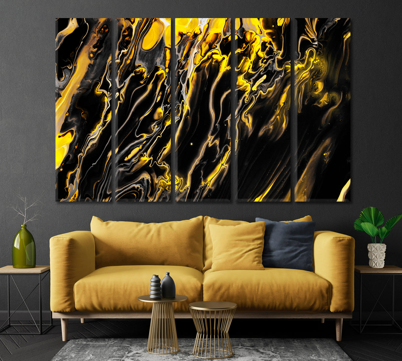 Black and Yellow Fluid Marble Pattern Canvas Print-Canvas Print-CetArt-1 Panel-24x16 inches-CetArt