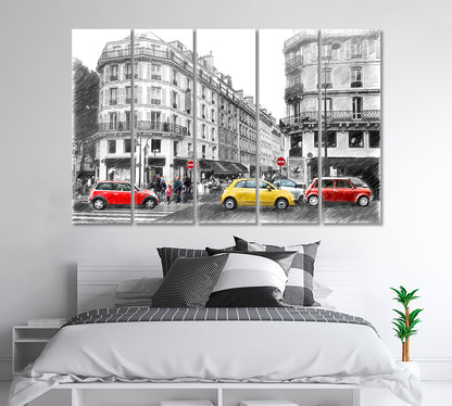 Paris Street in Black And White With Red Cars Canvas Print-Canvas Print-CetArt-1 Panel-24x16 inches-CetArt