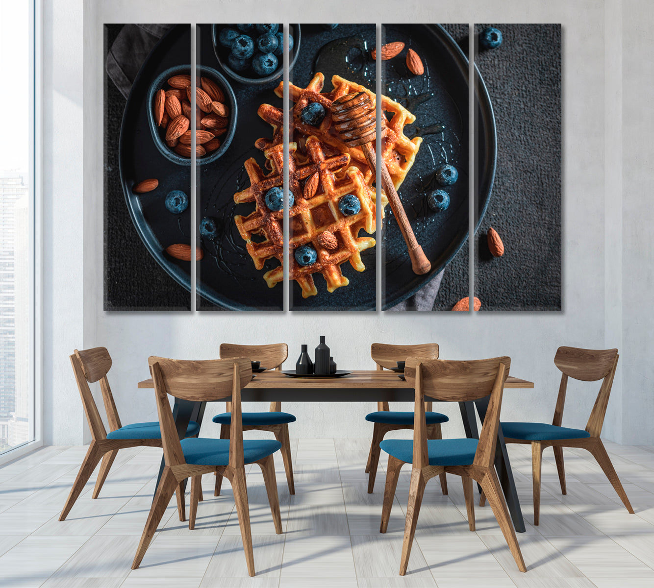 Belgian Waffles with Blueberries Honey and Almonds Canvas Print-Canvas Print-CetArt-1 Panel-24x16 inches-CetArt