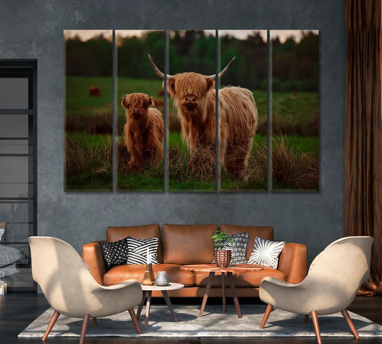 Five-panel Highland Cow multi-panel canvas filling a tall wall in a lounge.