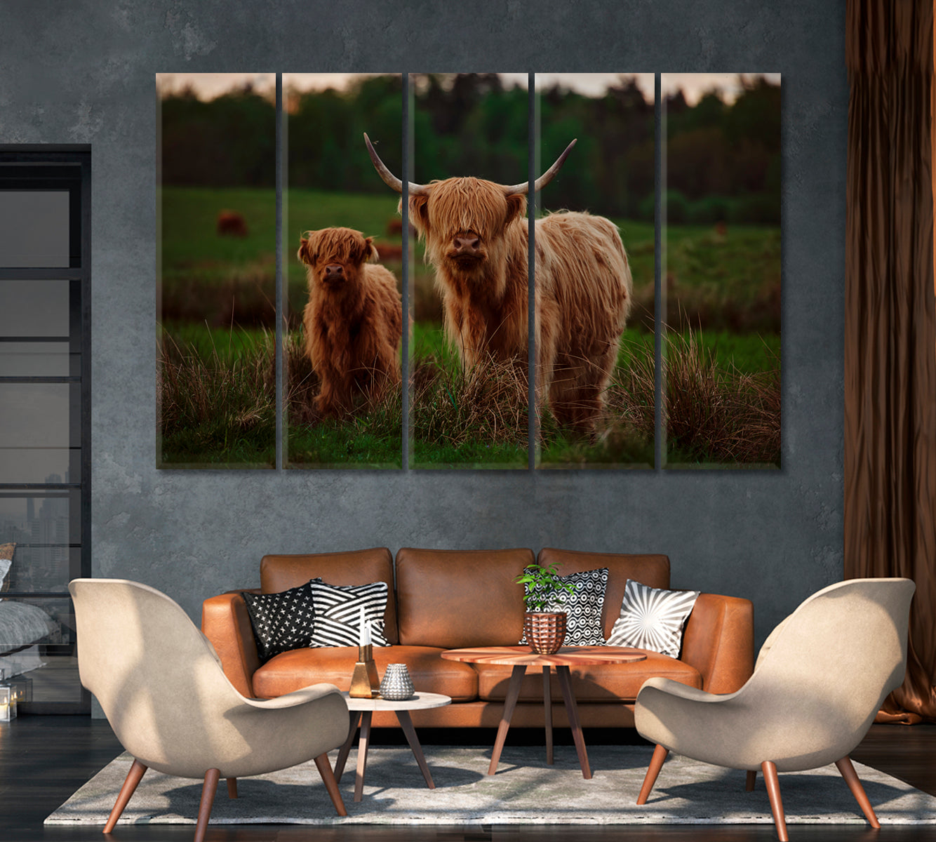 Highland Cow Mother and Calf In a Field Canvas Print-Canvas Print-CetArt-1 Panel-24x16 inches-CetArt