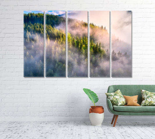 Mountains Slopes with Green Trees in Fog Canvas Print-Canvas Print-CetArt-1 Panel-24x16 inches-CetArt