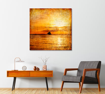 Vintage Sailboat in Ocean at Sunset Canvas Print-Canvas Print-CetArt-1 panel-12x12 inches-CetArt