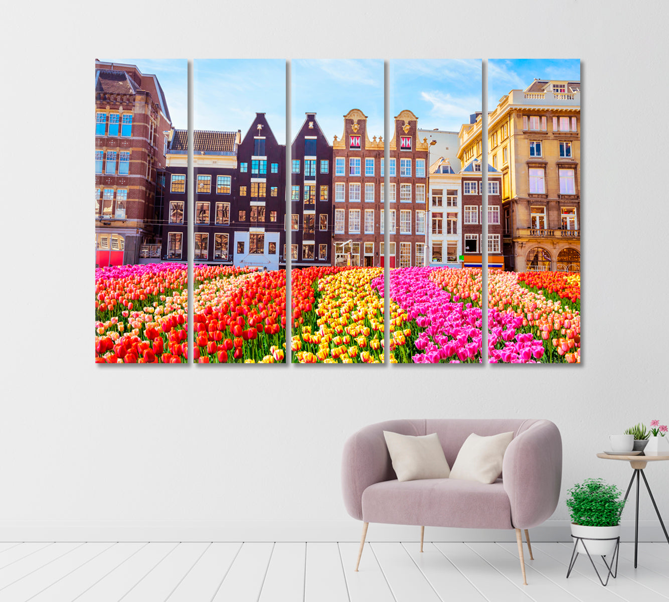 Traditional Buildings and Tulips in Amsterdam Canvas Print-Canvas Print-CetArt-1 Panel-24x16 inches-CetArt
