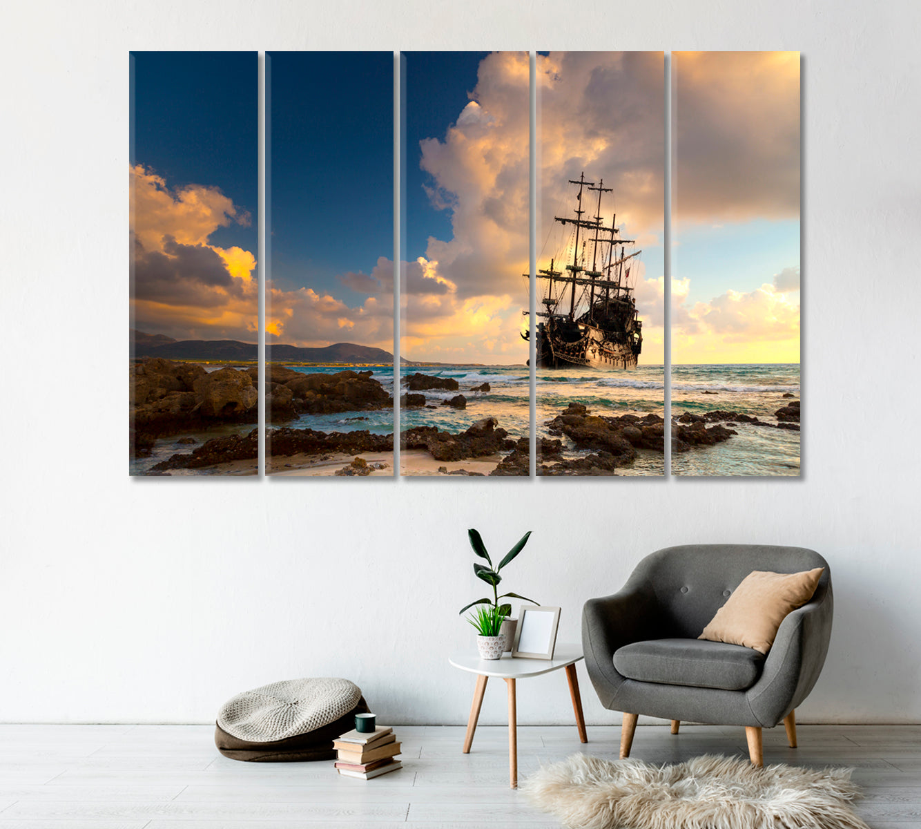 Old Pirate Ship at the Open Sea in Sunset Canvas Print-Canvas Print-CetArt-1 Panel-24x16 inches-CetArt