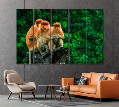 Three Monkeys Sitting on a Tree in the Rain Canvas Print-Canvas Print-CetArt-1 Panel-24x16 inches-CetArt