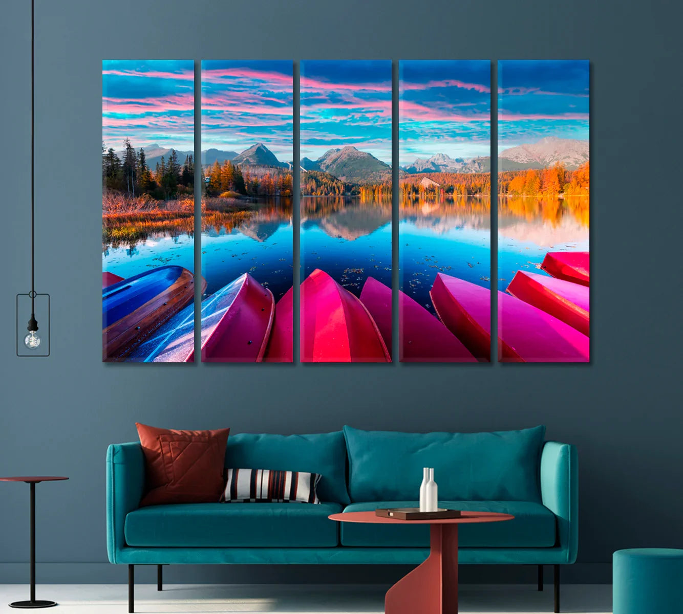Five-panel version of the red boats and High Tatras lake artwork in a modern living room