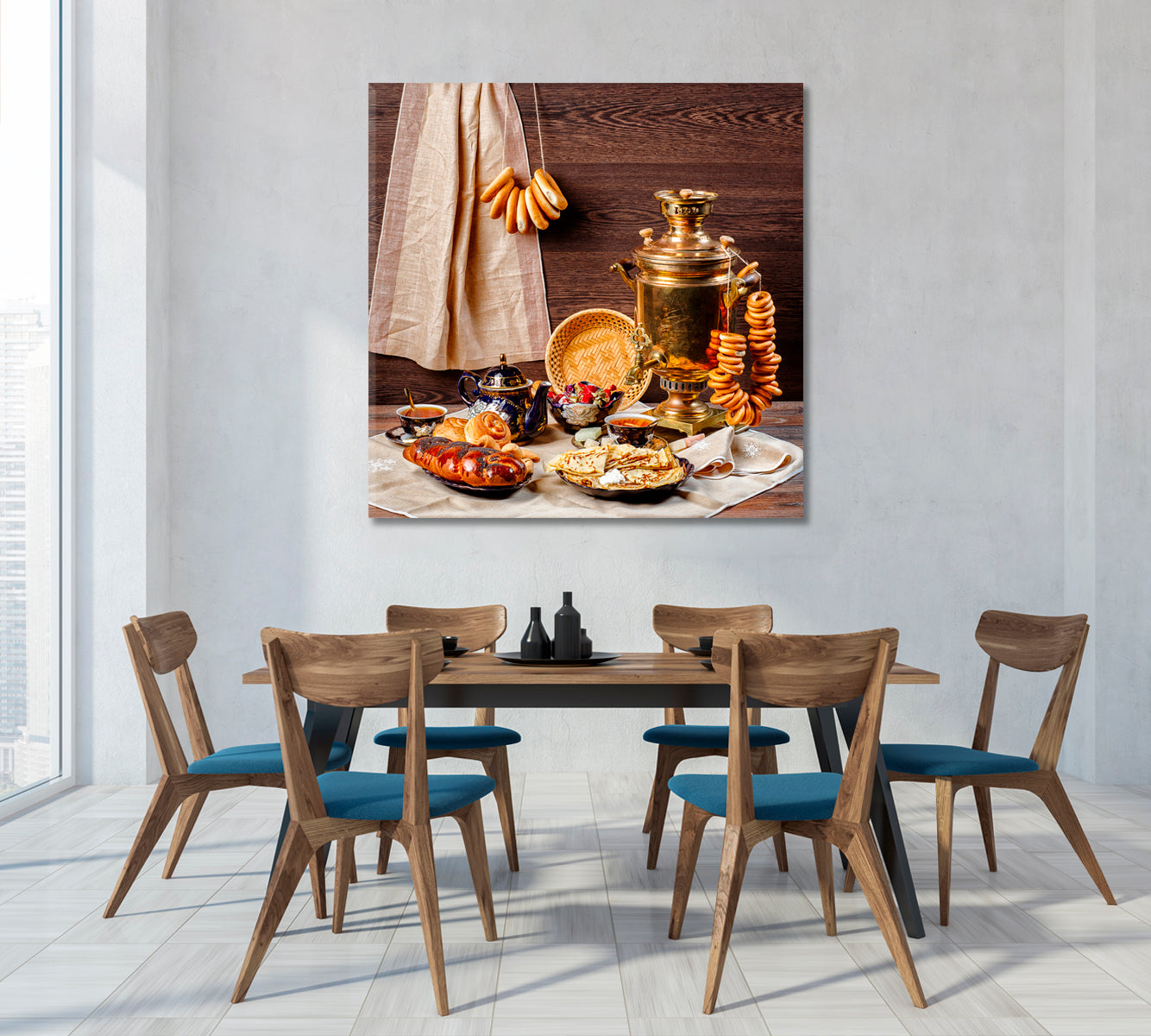 Still Life on Table Samovar with Bagels and Pancakes Canvas Print-Canvas Print-CetArt-1 panel-12x12 inches-CetArt